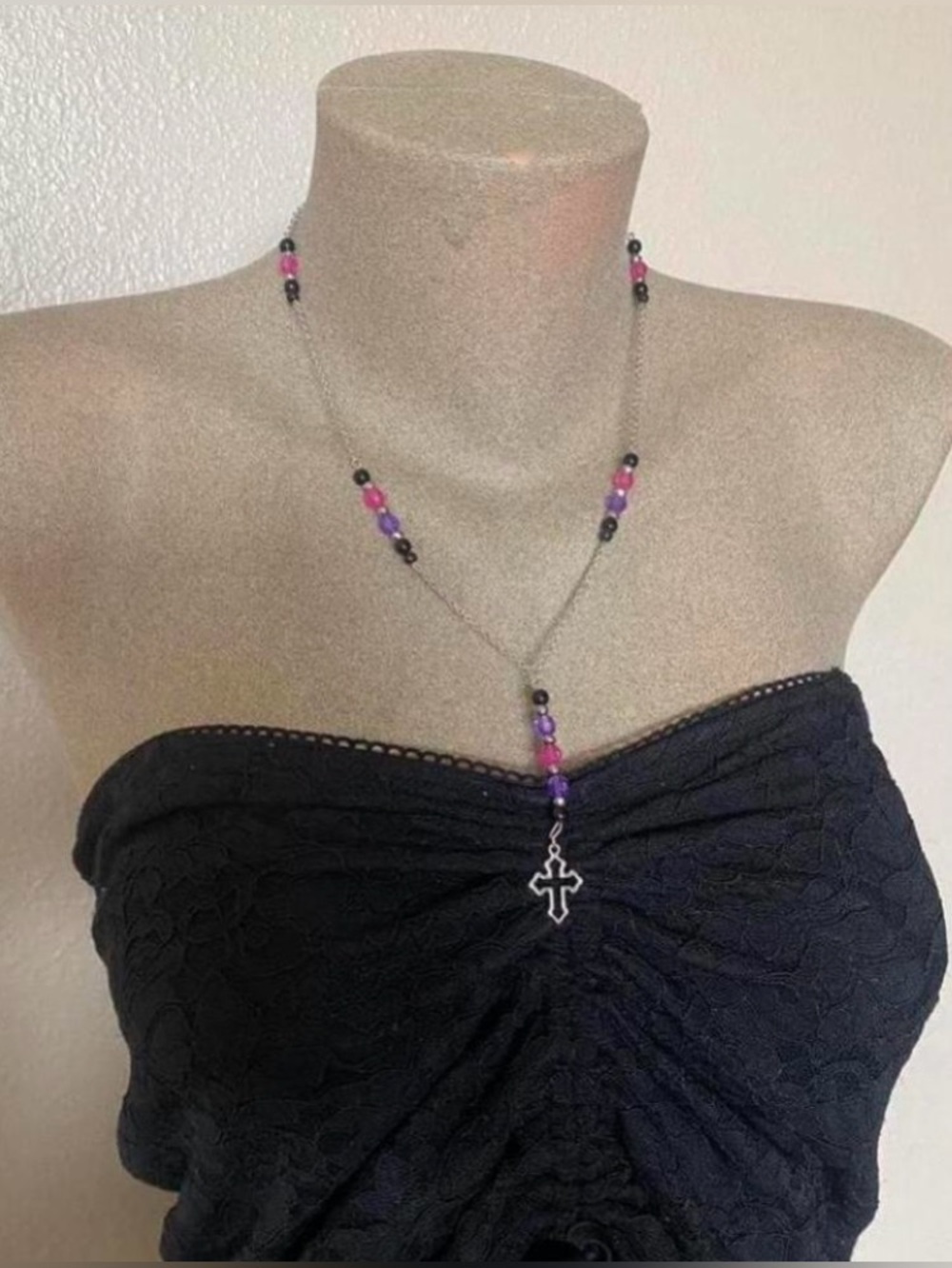 Handmade Rosary Necklace with Pink, Purple, & Black Beads - Mini Length